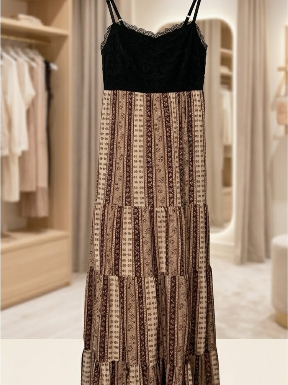 No Boundaries Cream and Brown Boho Tiered Maxi Skirt
